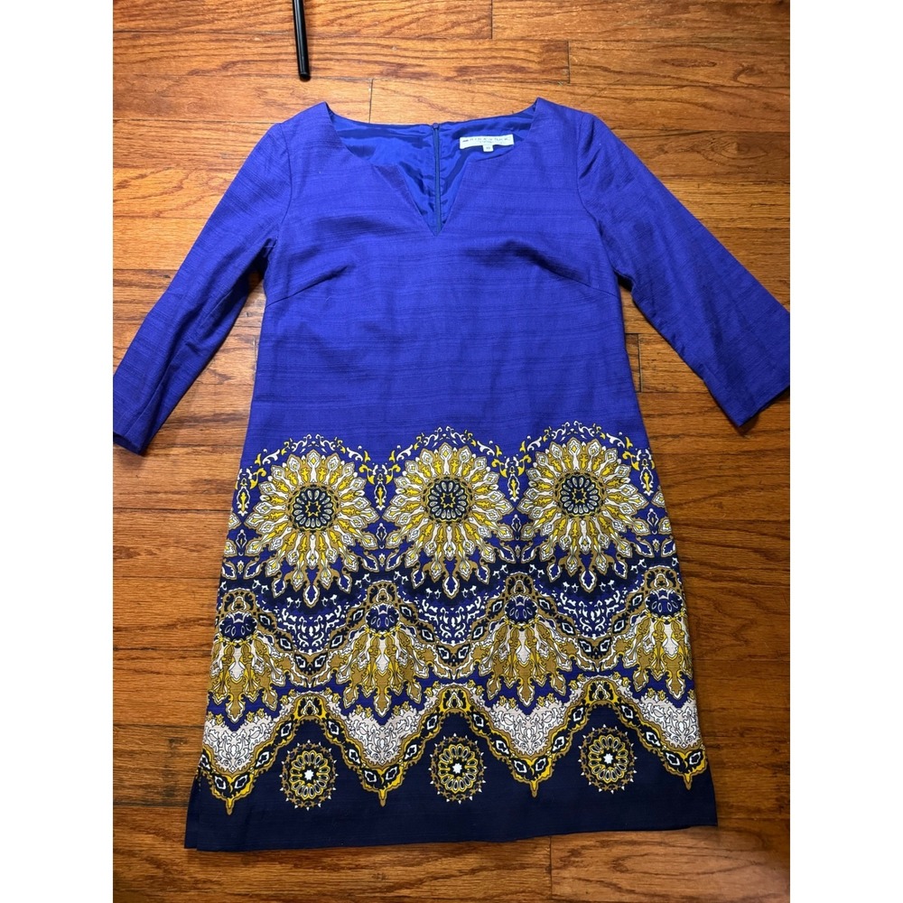 Trina Turk Blue Cotton Medallion Border Print Shift Dress V-Neck 3/4 Sleeve 10